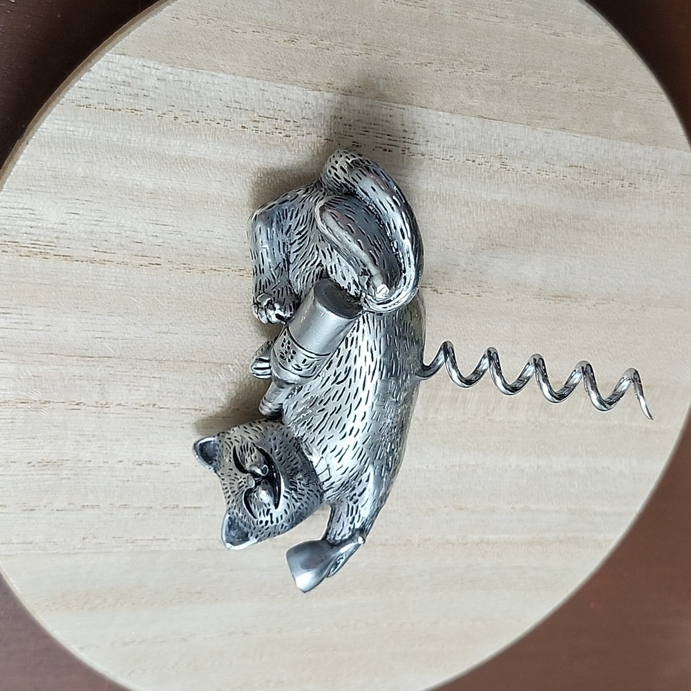 Pewter Cat Wine Bottle Opener/Corkscrew Holding Wine Glass And Bottle